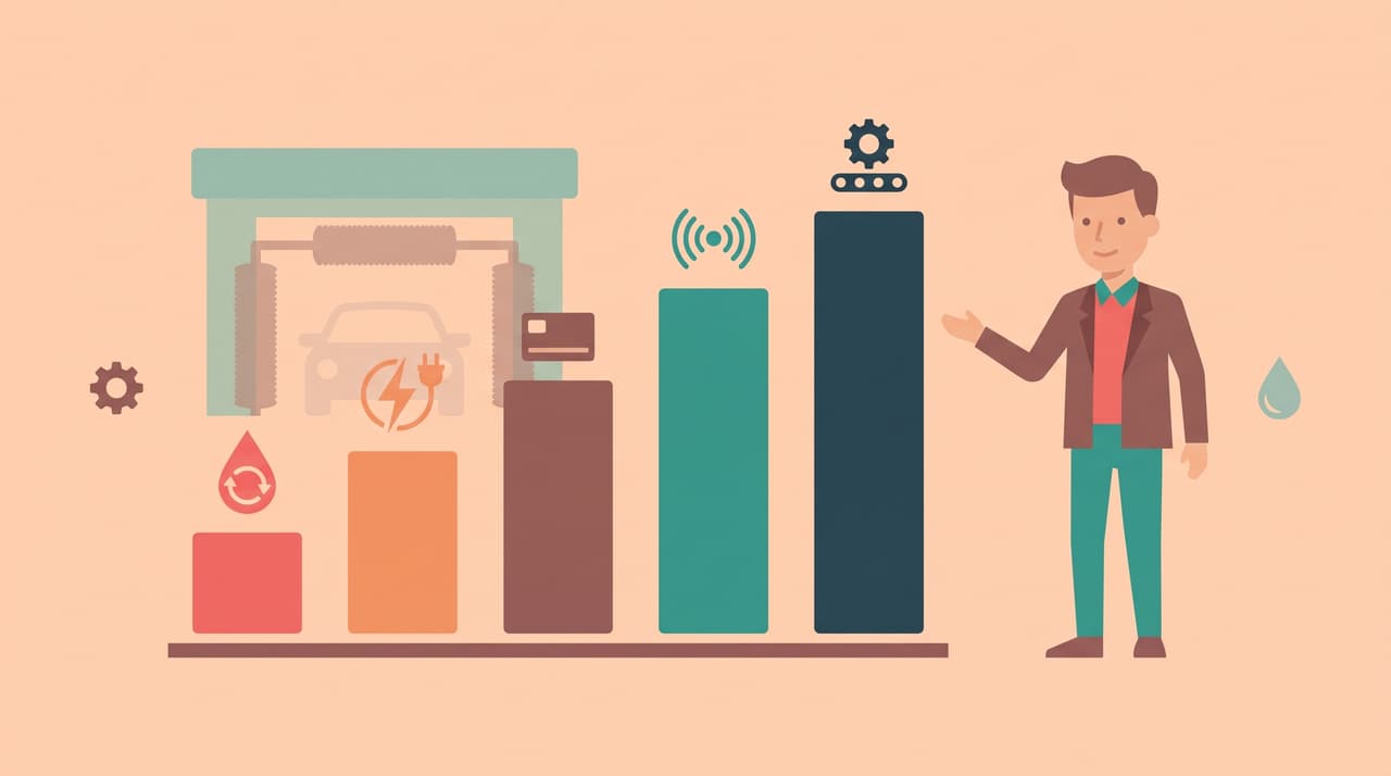 Flat illustration of five rising bars topped with icons for water recycling, EV charging, memberships, AI and automation, presented by an analyst in front of a rollover car wash.