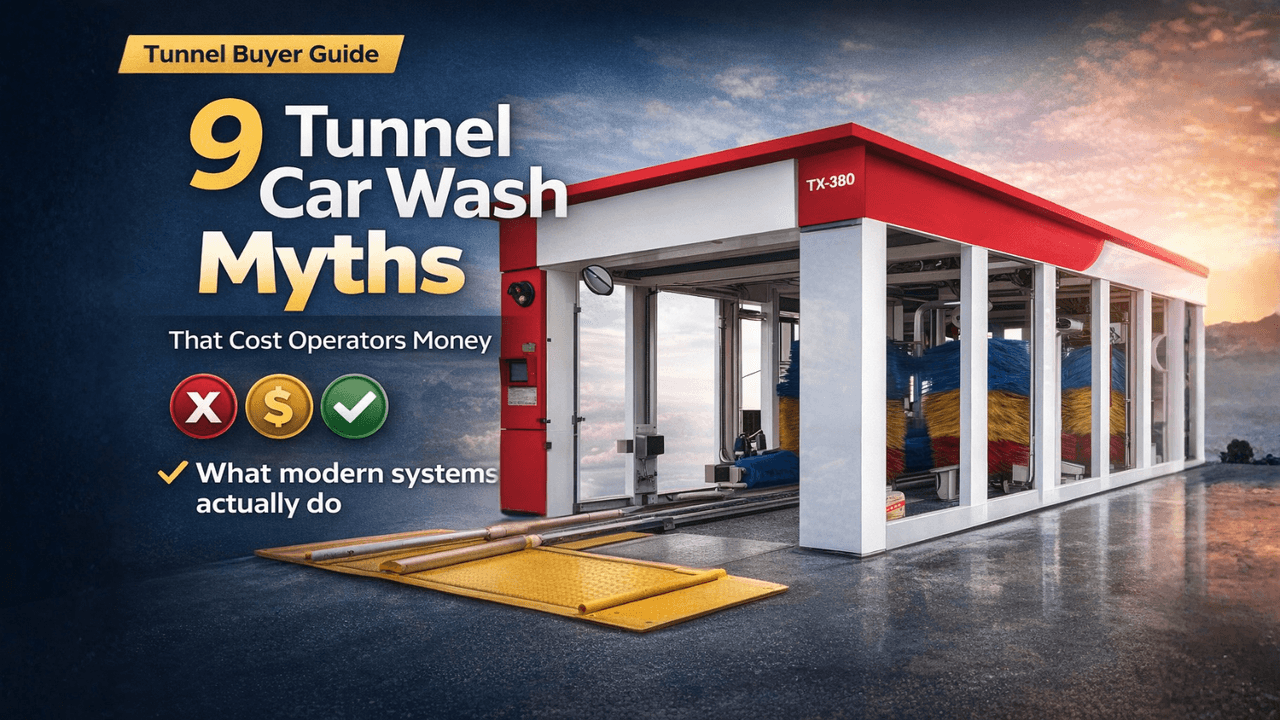 Conveyor tunnel car wash system render used for a tunnel car wash myths buyer guide