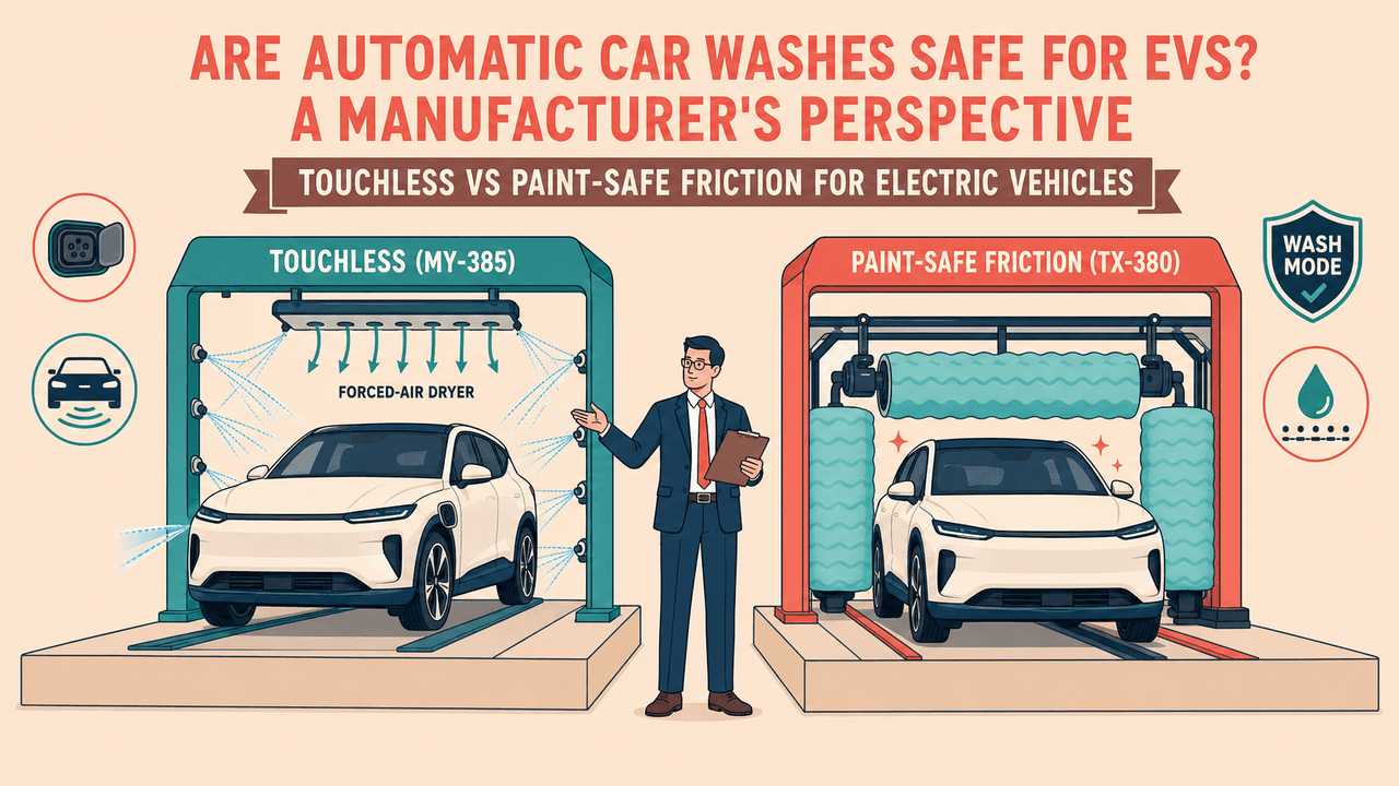 Are car washes safe for EVs — electric vehicle in an automatic car wash bay with touchless system | are car washes safe for EVs