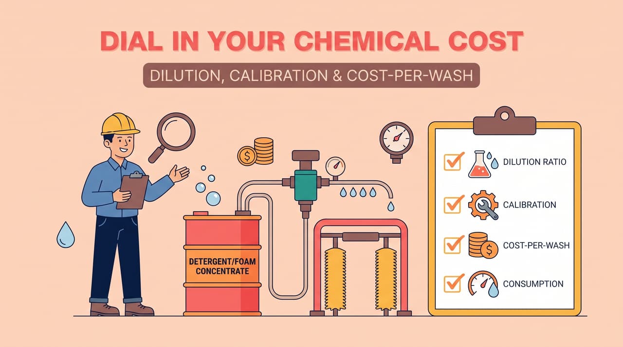 Car wash chemical dosing optimization — dilution ratios, proportioner calibration, and cost-per-wash checklist | car wash chemical dosing optimization