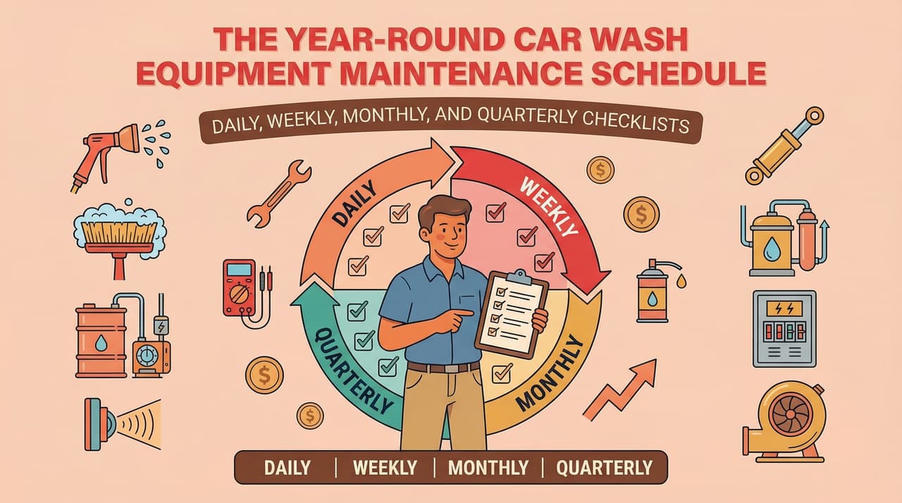 car wash equipment maintenance schedule technician inspecting automatic wash system | car wash equipment maintenance schedule