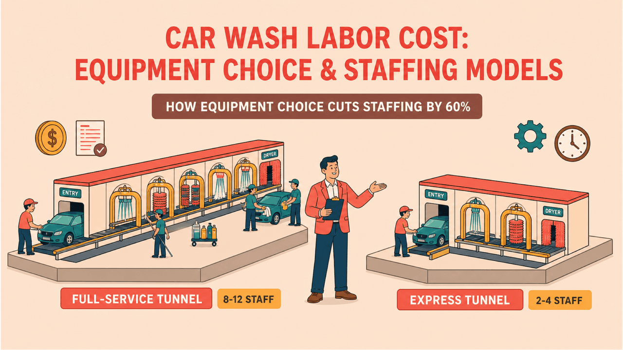 Single loader directing a vehicle into an express tunnel car wash — lean staffing model illustrating reduced car wash labor cost | car wash labor cost