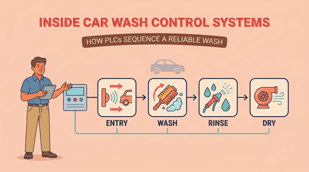 Diagram of a PLC-controlled car wash sequencing system showing sensors and control panel | car wash PLC control system