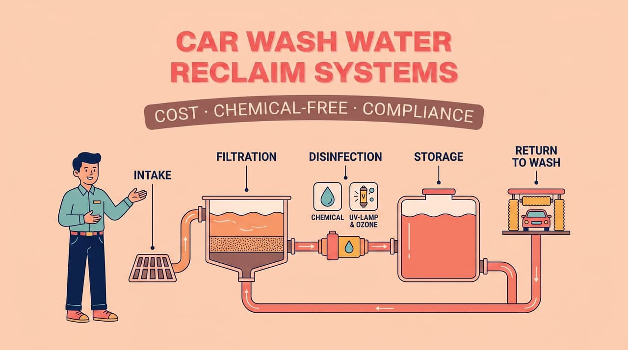 Car wash water reclaim system diagram — intake, filtration, chemical-free disinfection, storage, and reuse | car wash reclaim system
