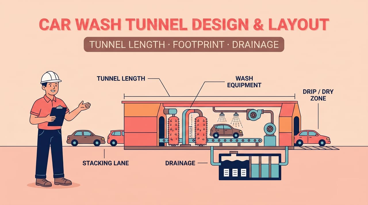 Car wash tunnel design and site layout diagram — tunnel length, drainage, and footprint labeled | car wash tunnel design and layout