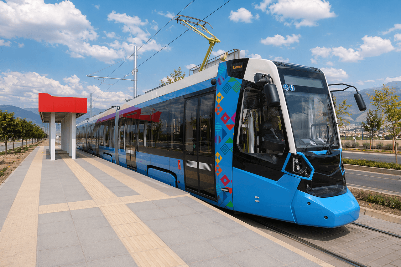 Modern blue-and-white Bolivia light rail tram at a city platform — the vehicle served by HyTian's custom tram wash system.