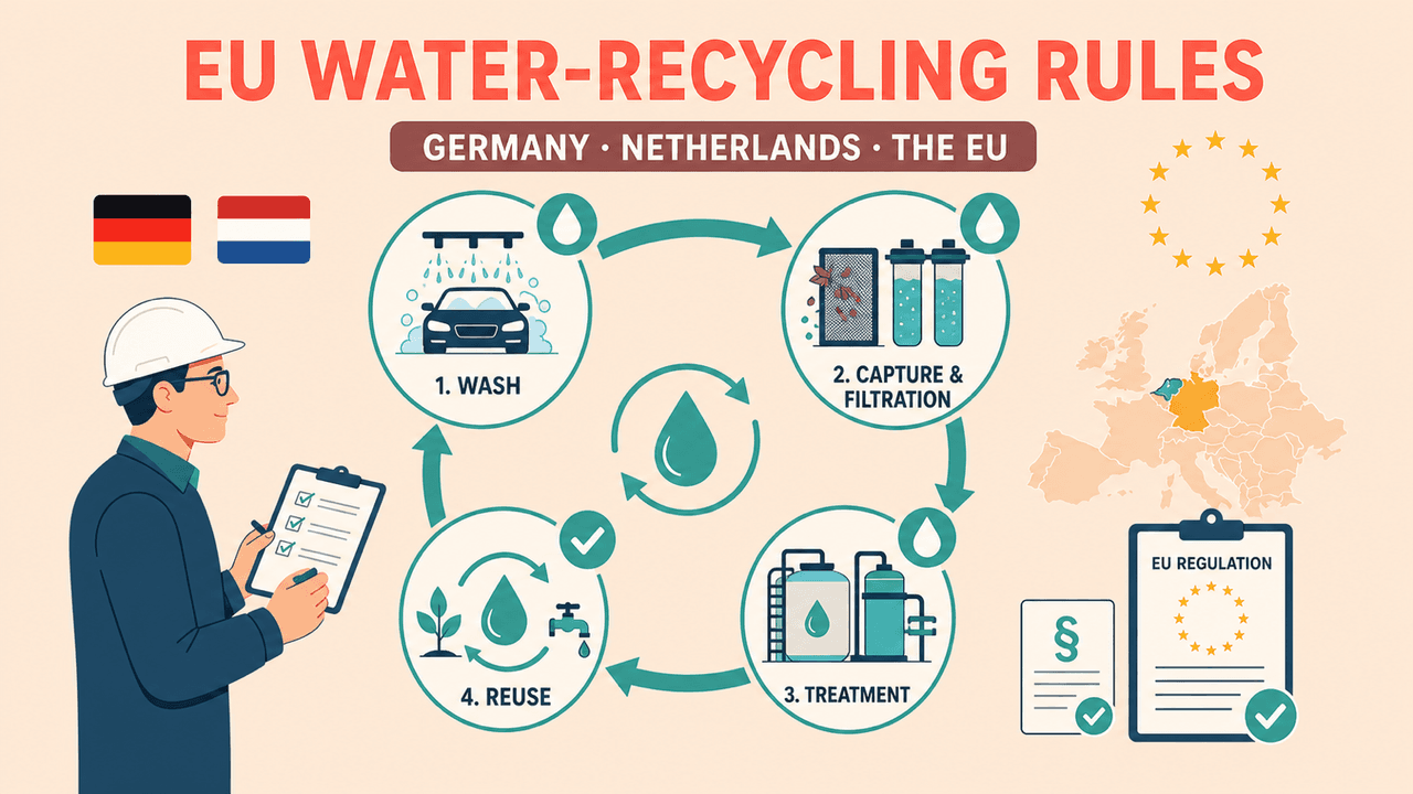 Europe car wash water recycling regulations — closed-loop compliance across Germany, the Netherlands and the EU