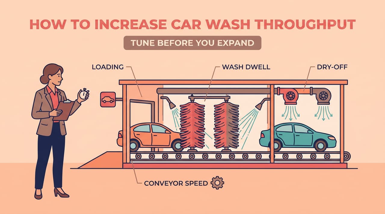 Cross-section of an express car wash tunnel with callout labels pointing to four throughput zones — loading, conveyor speed, wash dwell, and dry-off — with an operator observing from the side | how to increase car wash throughput