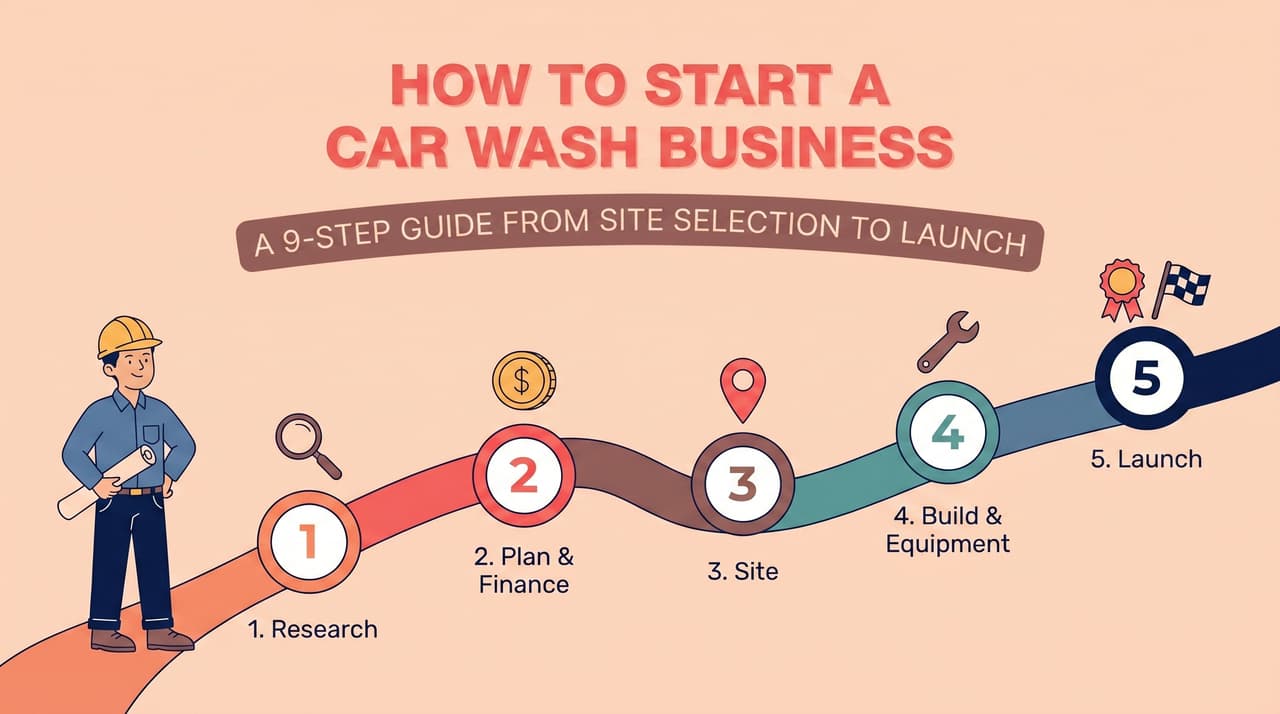 Numbered timeline showing 5 stages of starting a car wash business — research, plan & finance, site, build & equipment, launch | how to start a car wash business