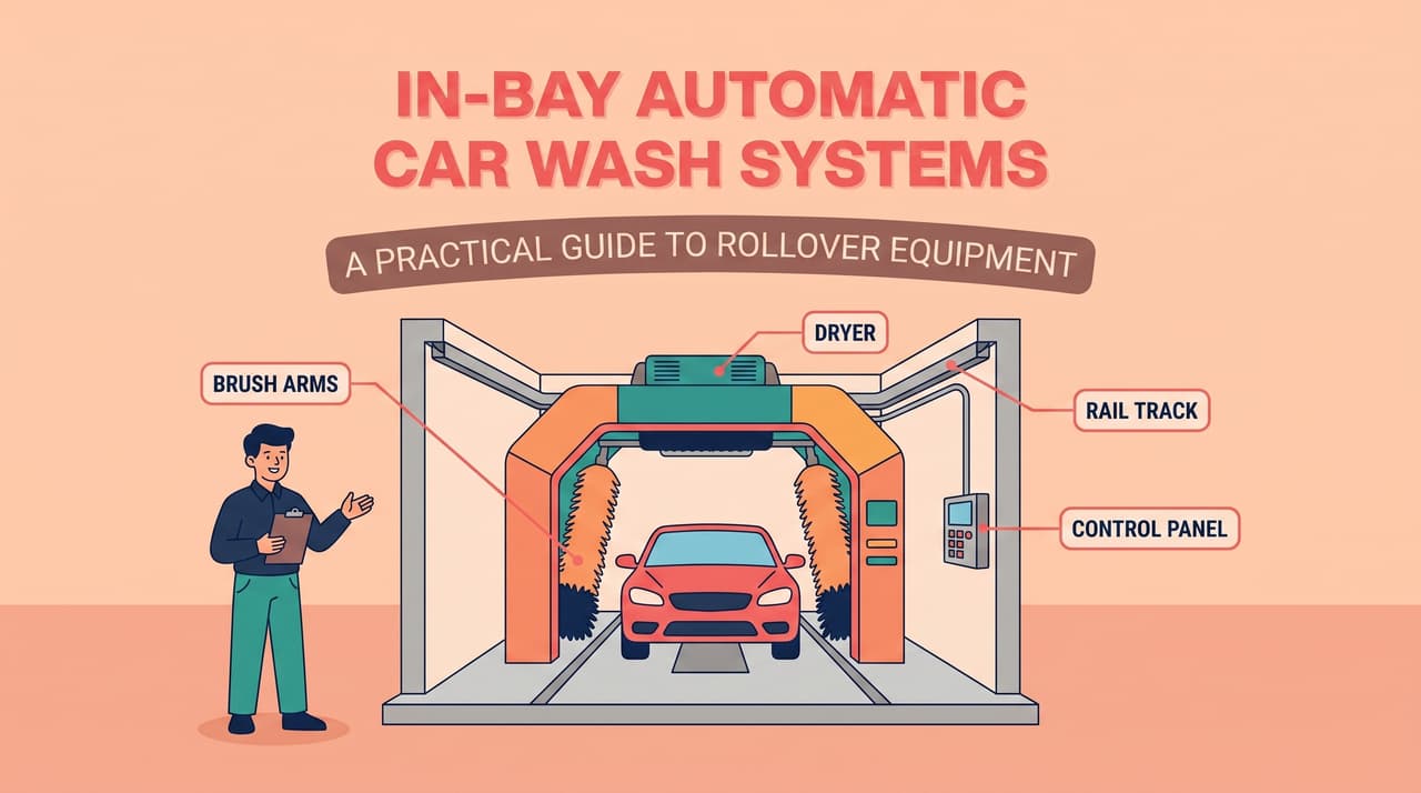 In-bay automatic rollover car wash system with labeled brush arm, dryer, and rail components | in bay automatic car wash