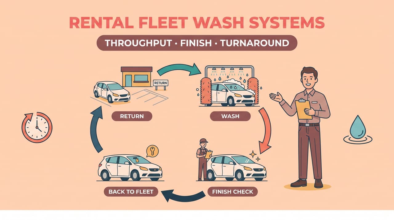Rental car fleet wash system turnaround cycle - return, wash, finish check, back to fleet | rental car fleet wash system