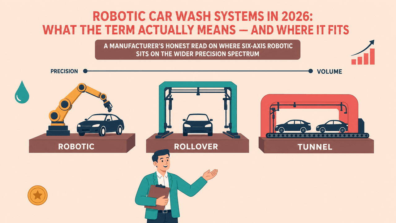 Robotic car wash systems — six-axis industrial arm in operation, illustrating the 2026 robotic wash category | robotic car wash systems