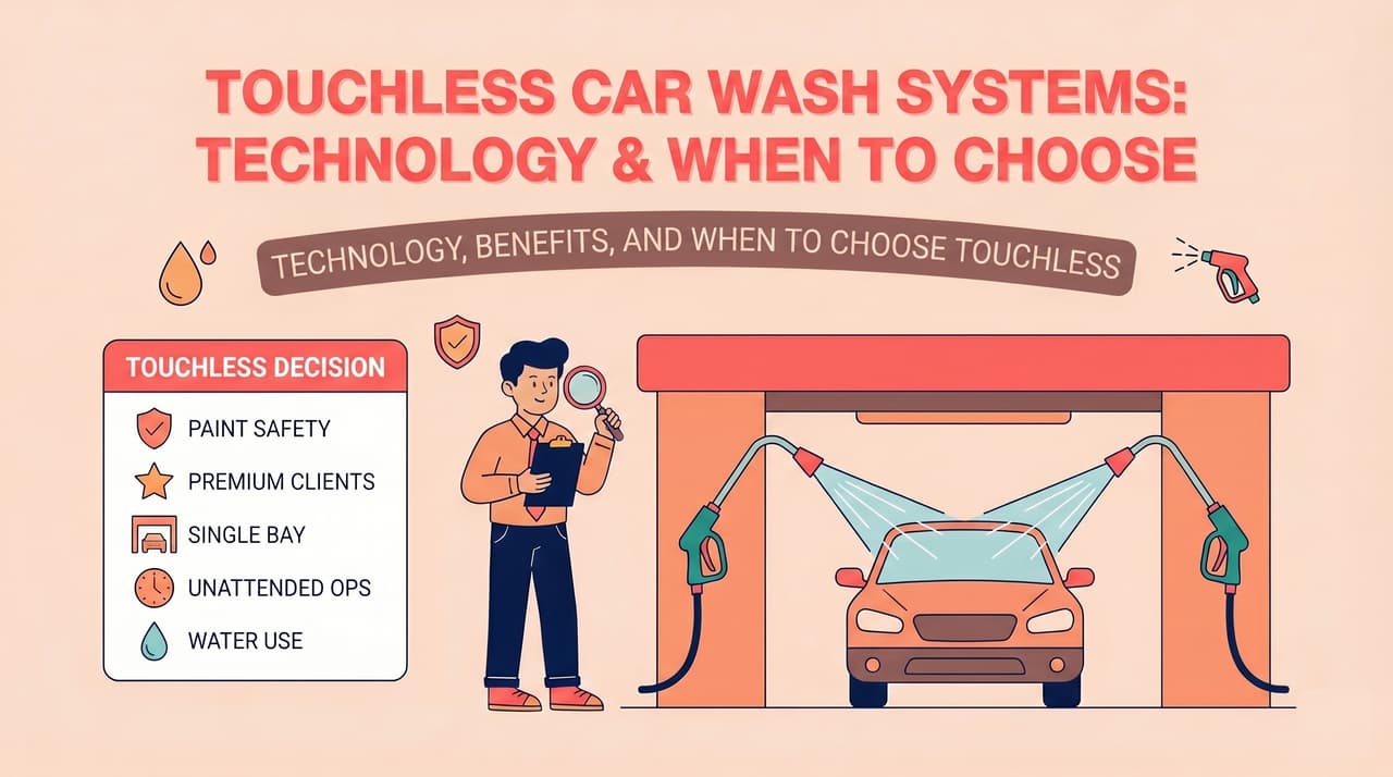 Touchless car wash system in operation with high-pressure jets cleaning a vehicle | touchless car wash system