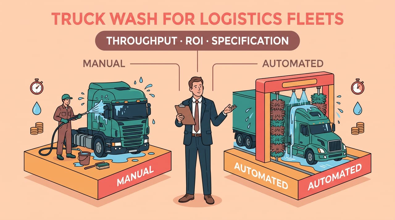 Truck wash system for a logistics fleet cleaning a tractor-trailer at a depot | truck wash system for logistics fleet
