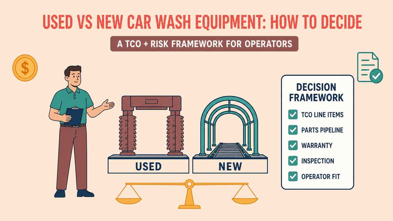 Used vs new car wash equipment decision framework comparing TCO line items, risk categories, and operator-fit scenarios | used car wash equipment