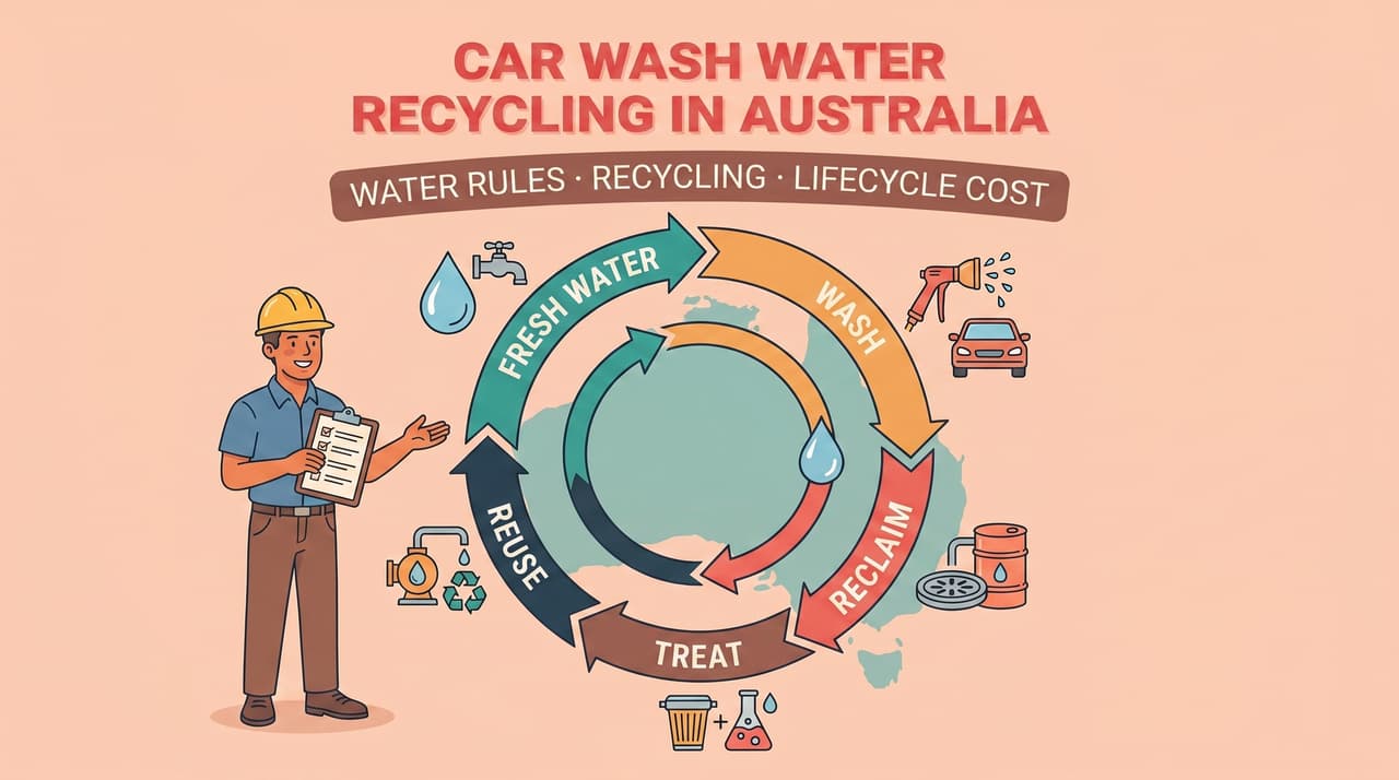 Australia car wash water recycling loop diagram — reclaim, treat, reuse across Australian states | australia car wash water recycling