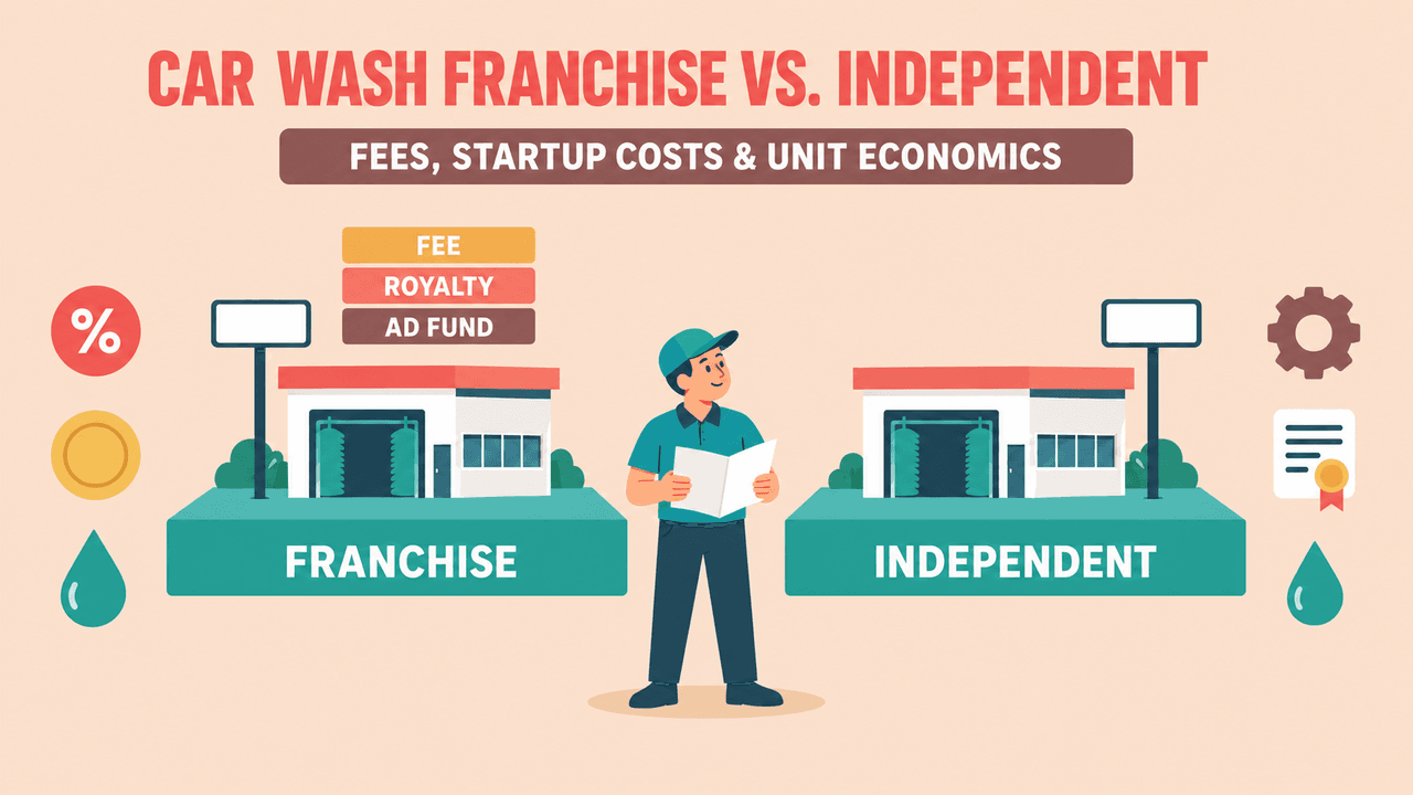 Car wash franchise versus independent ownership compared, showing the franchise fee, royalty and ad fund layer | car wash franchise cost