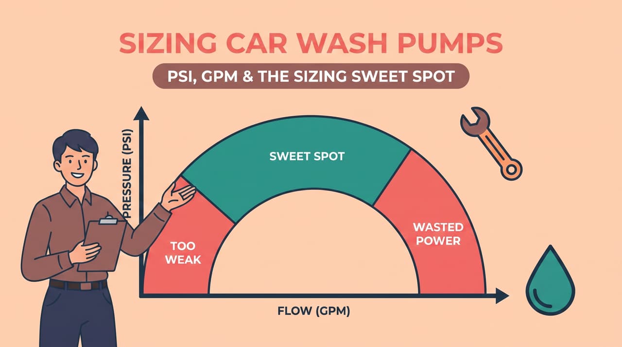 Car wash pump sizing chart showing the PSI and GPM balance and the over- and under-specification zones | car wash pump sizing PSI GPM