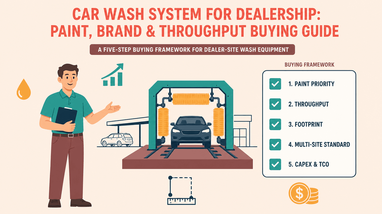Car wash system for dealership service drive with paint-safe gantry over a vehicle | car wash system for dealership