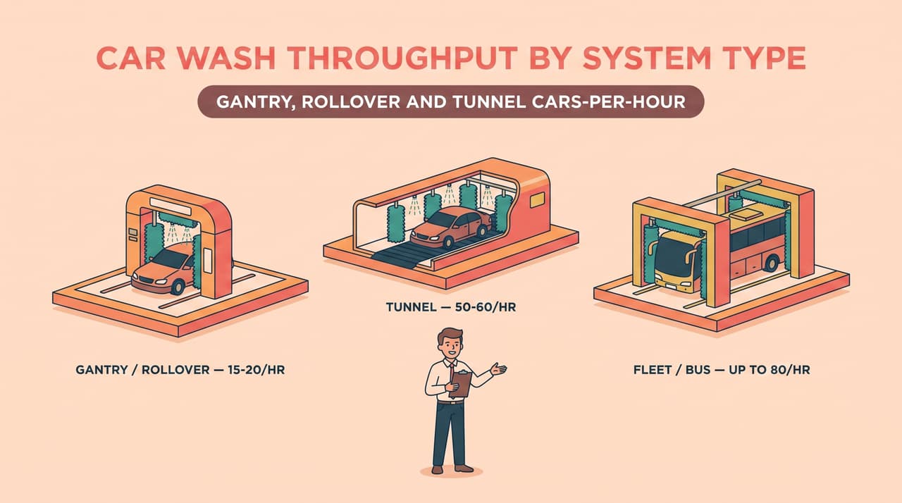 Car wash throughput compared by system type: gantry, rollover, and tunnel cars-per-hour | gantry car wash throughput cars per hour