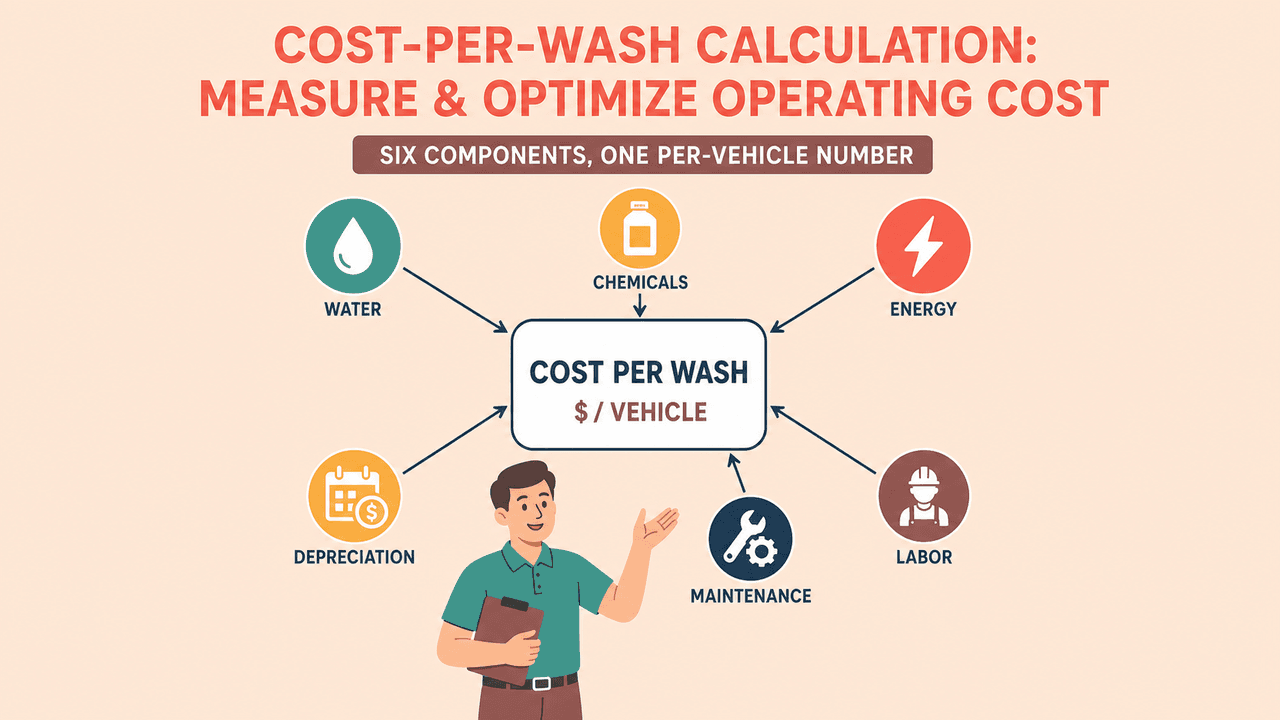 Car wash operator reviewing cost-per-wash calculation data at site | cost per wash calculation