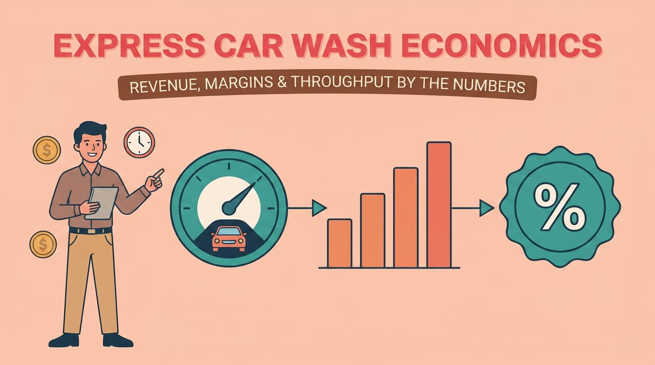Express car wash throughput-to-revenue-to-margin model showing vehicles per hour driving annual revenue and profit margin | express car wash revenue