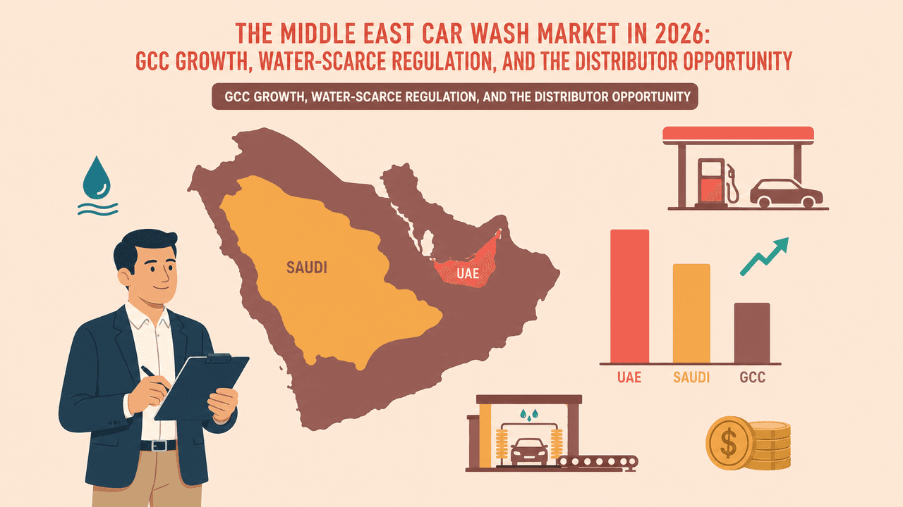 Middle East car wash market — GCC regional silhouette with Saudi Arabia and UAE growth highlights, vertical CAGR bar comparison, and fuel-retail forecourt context