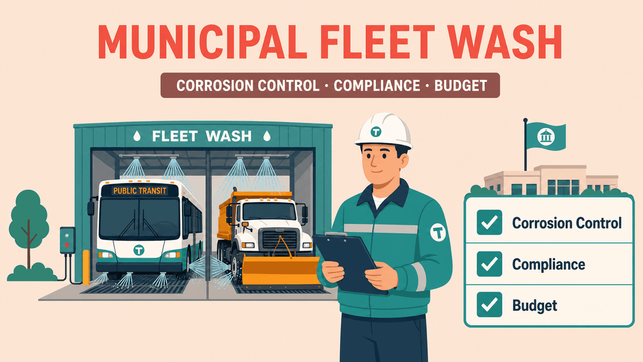 Municipal fleet wash system cleaning a public-works truck at a depot