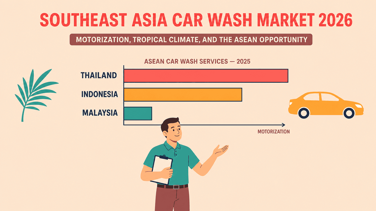 Southeast Asia car wash market — modern car wash operation in a tropical urban setting | car wash market Southeast Asia